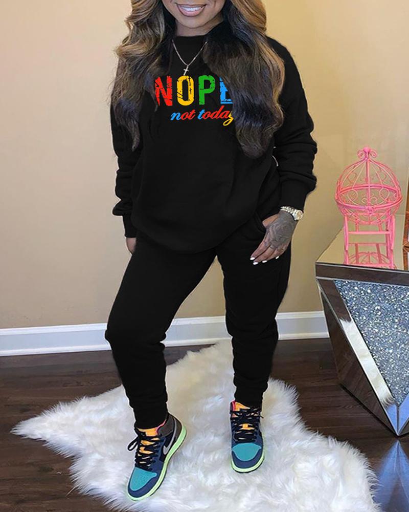 

Plus Size Letter Print Long Sleeve Casual Top & Pants Set, Black
