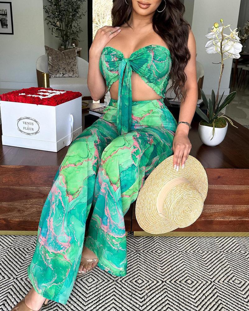 

Marble Print Shirred Crop Top & High Waist Pants Set, Green