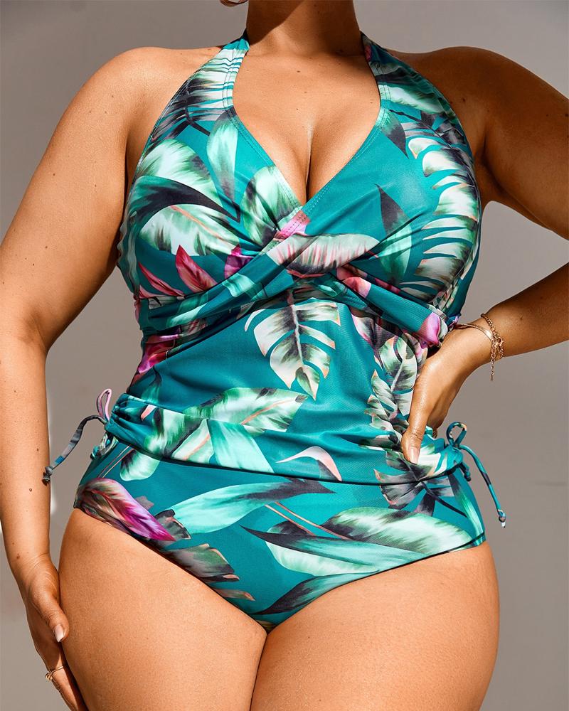 

Plus Size Tropical Print Crisscross Halter Tankini Set, Blue