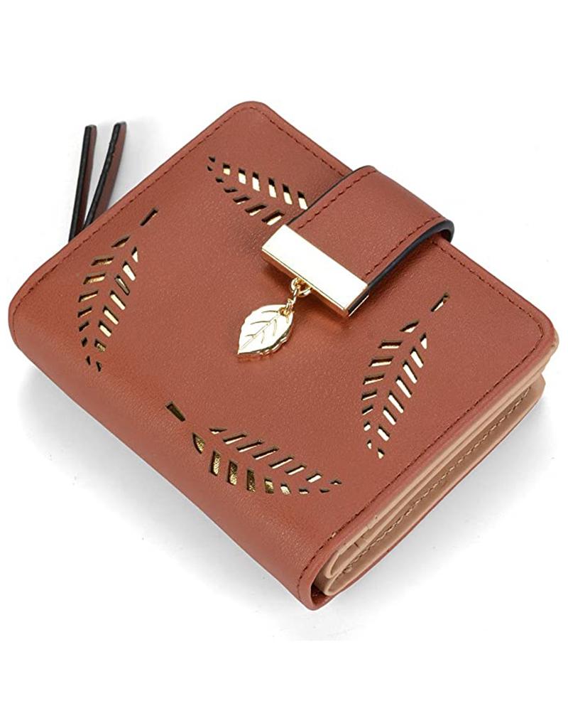 

Women's Purse Hollow Out Leaf Pattern Card Holder Leather Wallet, Brown