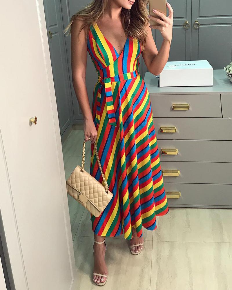 

Striped Colorblock V-Neck Wrap Tank Dress, Multicolor