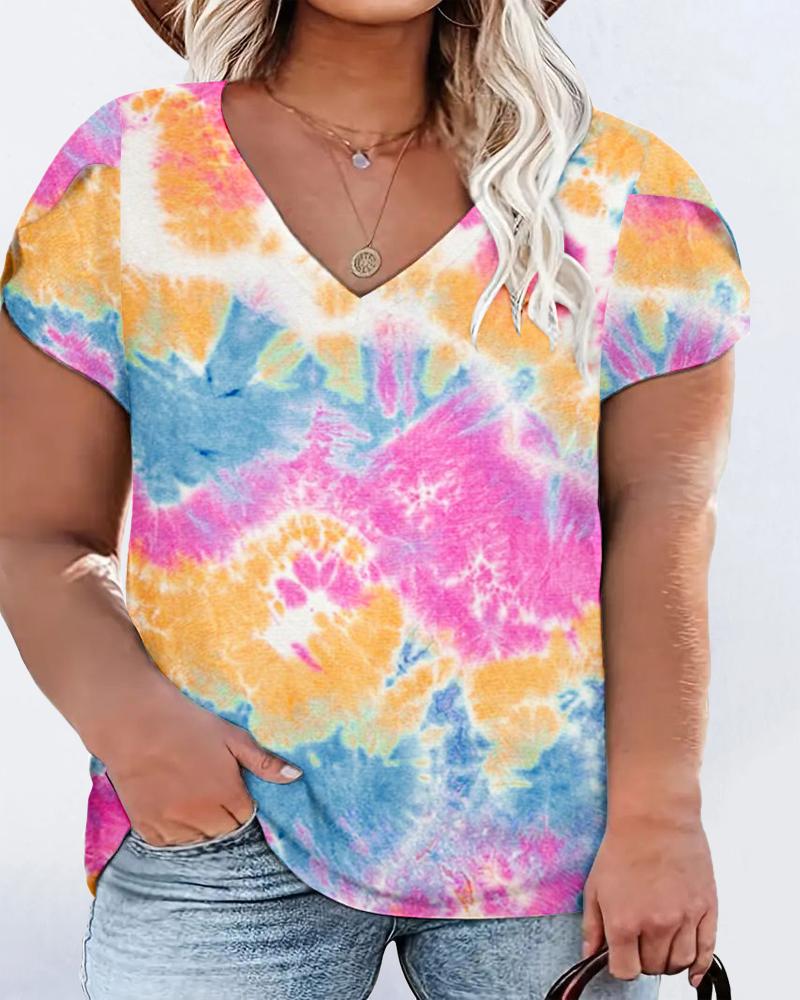 

Plus Size Tie Dye Print Petal Sleeve V-Neck T-Shirt, Multicolor