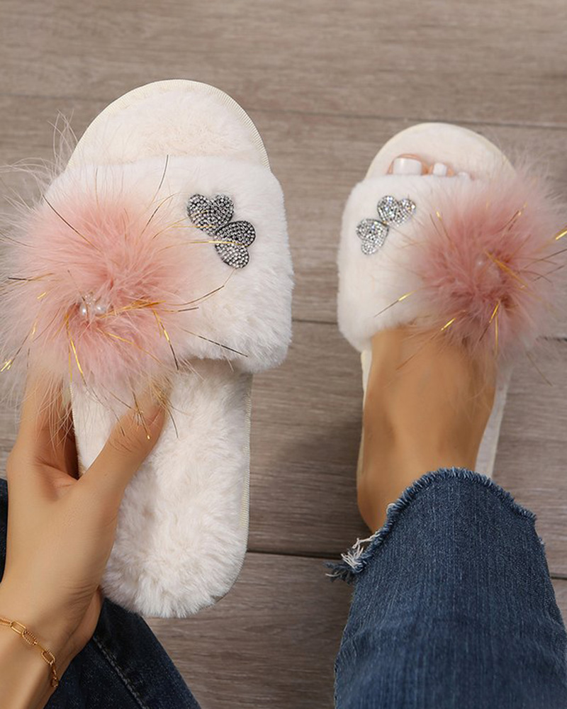 

Feather Detail Pearls Heart Pattern Fuzzy Slippers, Pink