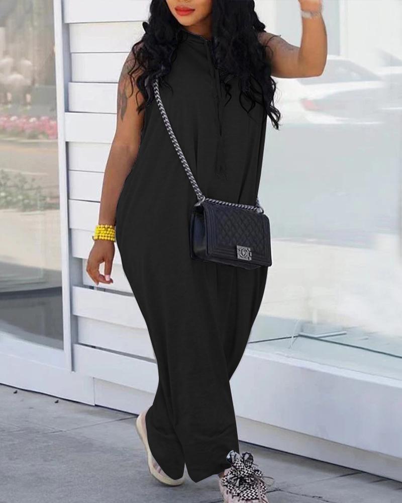 

Plain Hooded Sleeveless Casual Jumpsuit, Black