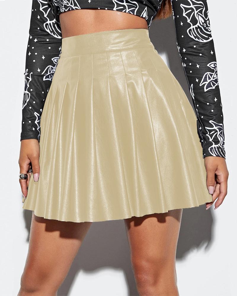 

High Waist Pleated PU Leather Skirt, Nude