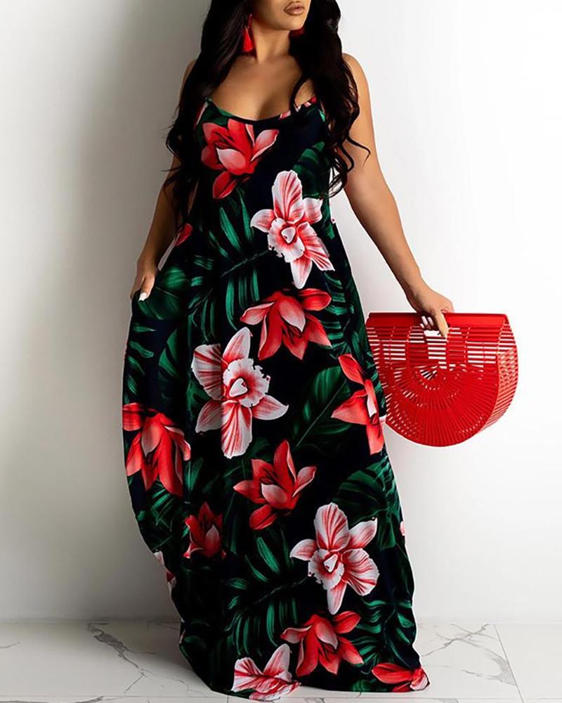

Floral Leaf Print Spaghetti Strap Maxi Dress, Red