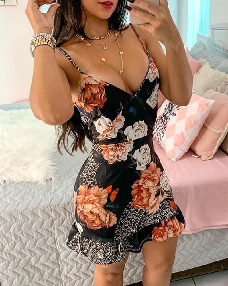 

Graphic Floral Print Ruffles Bodycon Dress, Black