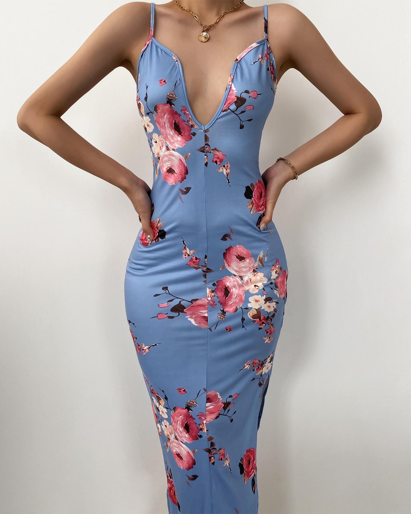 

Floral Print Plunging Neck Bodycon Cami Dress, Blue