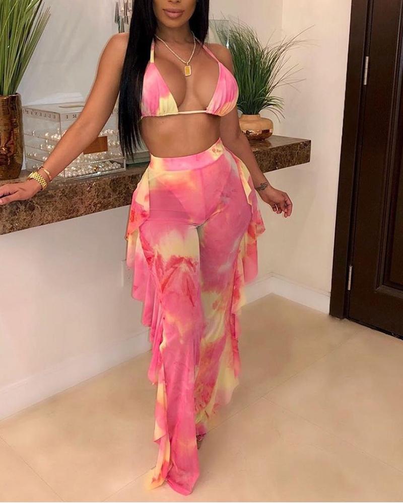 

Tie Dye Print Ruffle Hem Sheer Mesh Bikini Set, Pink