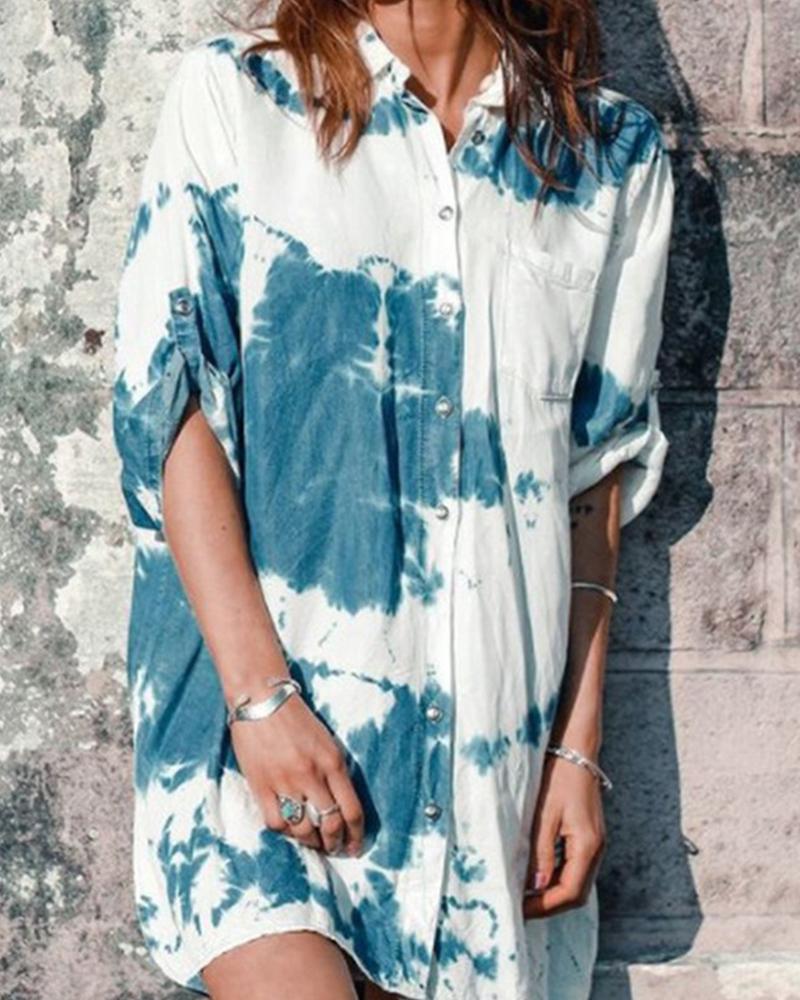 

Tie Dye Long Sleeve Shirt Mini Dress, Blue