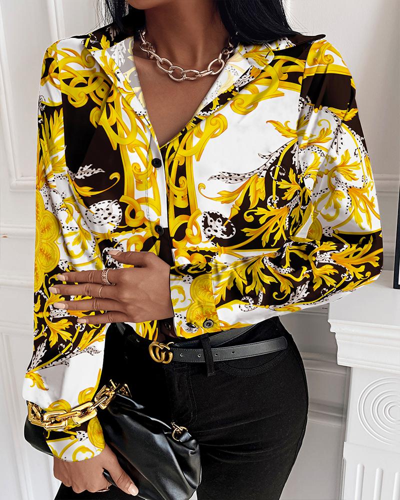 

Baroque Print Button Design Long Sleeve Shirt, Multicolor