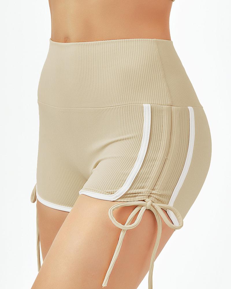 

Contrast Binding Drawstring High Waist Active Shorts, Khaki