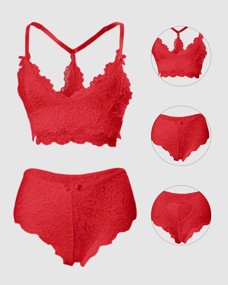 

Bow Decor Cutout Lace Lingerie Set, Red