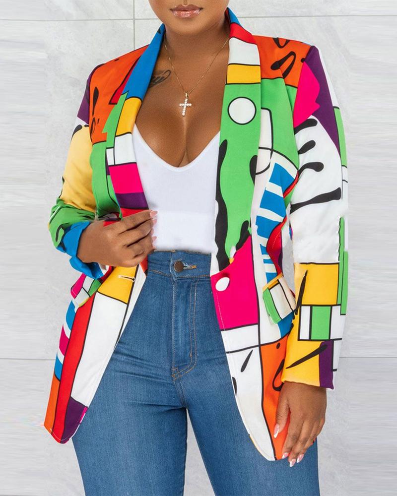 

Plus Size Geometric Print Shawl Collar Long Sleeve Blazer, Multicolor