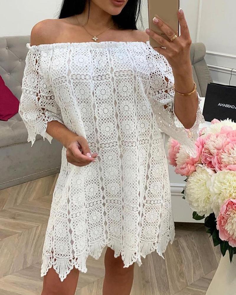 

Off Shoulder Hollow Out Embroidery Casual Dress, White