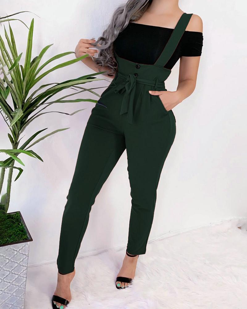 

Button Design Pockets Casual Suspender Pants, Green