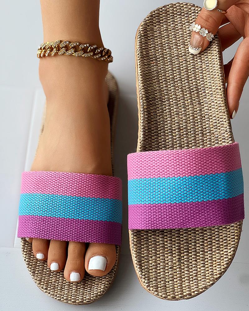 

Colorblock Wide Strap Linen Slippers, Multicolor&purple