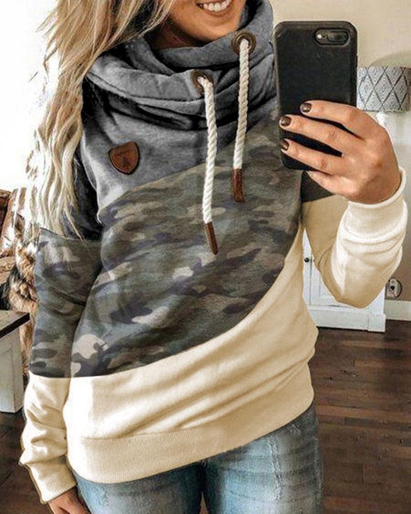 

Colorblock Camouflage Print Lantern Sleeve Hooded Top, Gray