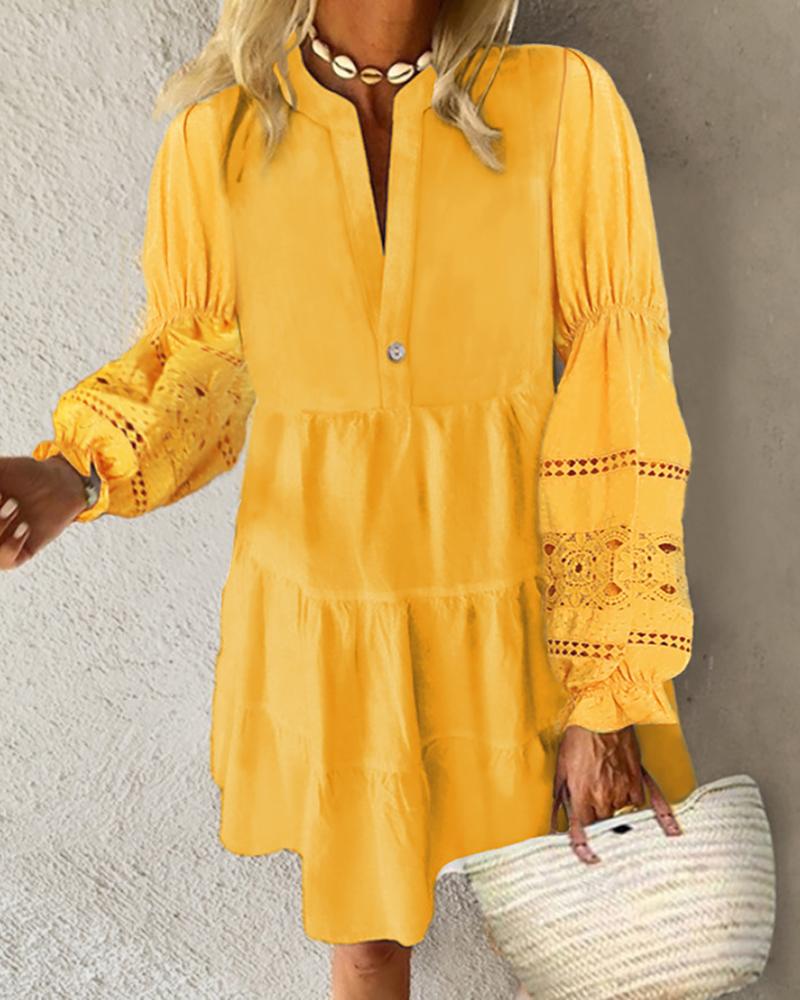 

Crochet Lace Lantern Sleeve Ruched Casual Dress, Yellow