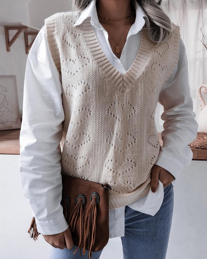 

Heart Shaped Hollow Out V-Neck Knit Sweater Vest, Apricot