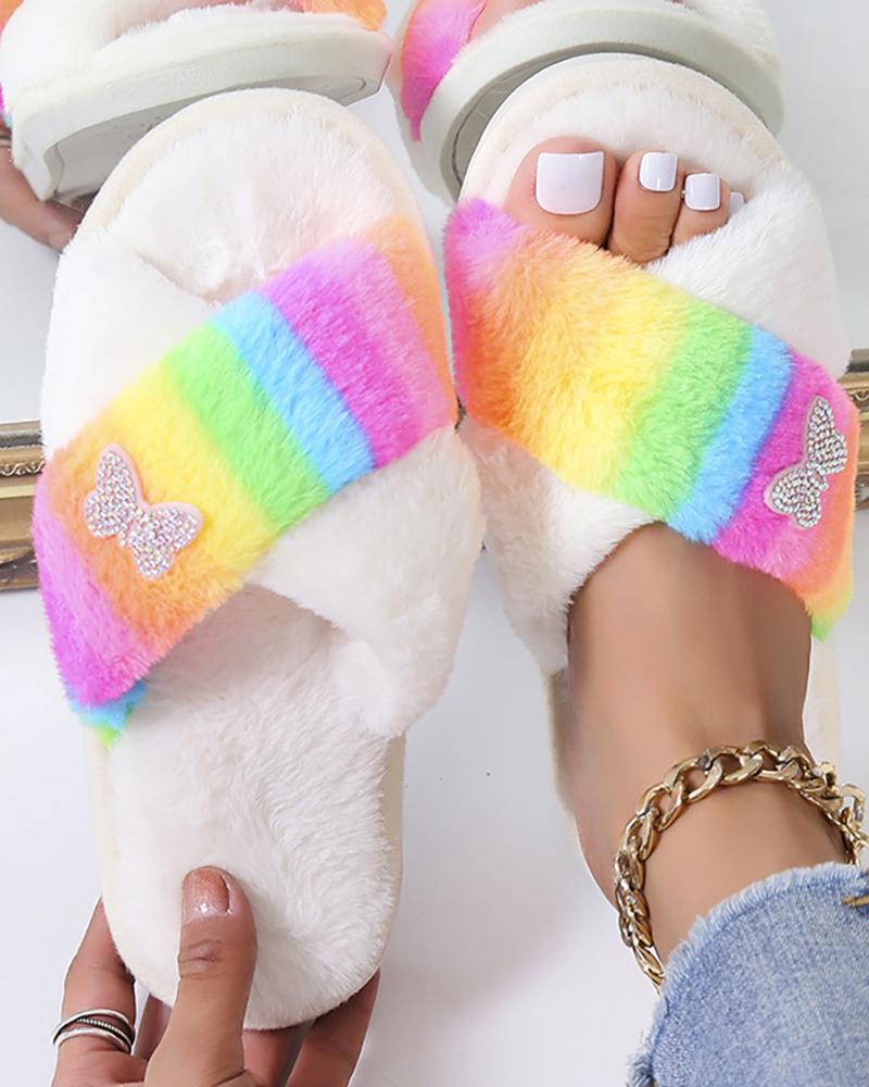 

Crisscross Fuzzy Butterfly Pattern Slippers, Multicolor