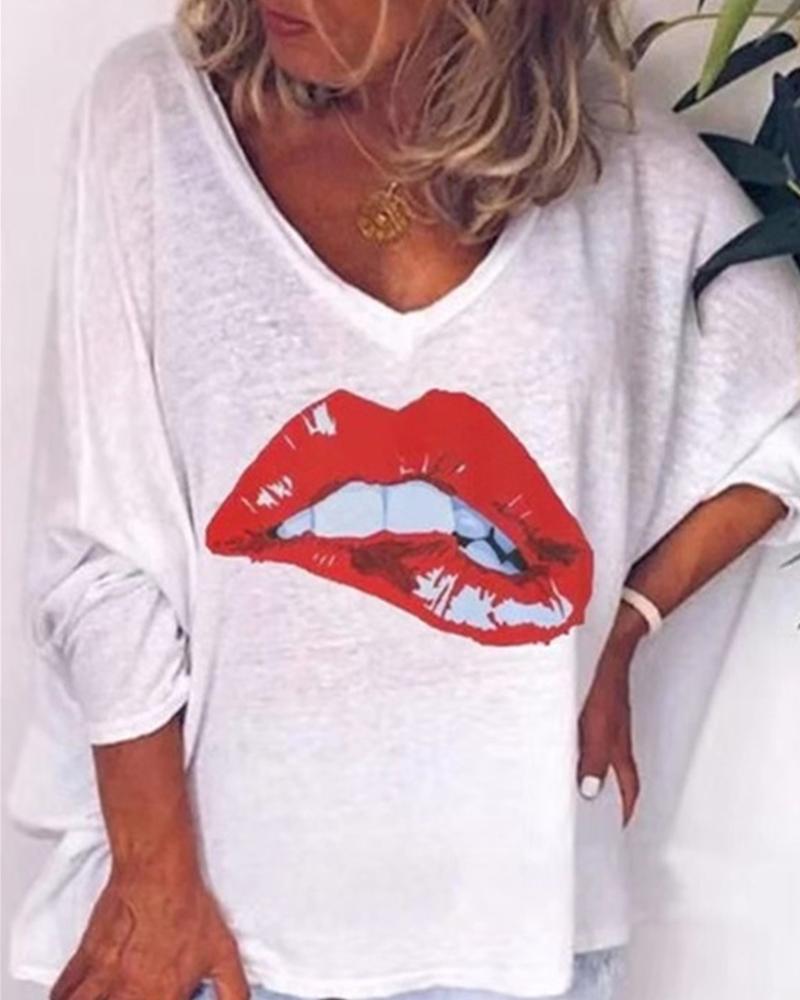 

Lip Print Long Sleeve Blouse, White