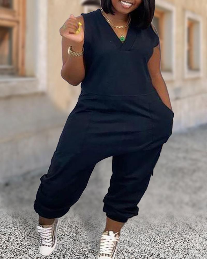 

Plus Size V-Neck Pocket Design Sleeveless Jumpsuit, Black