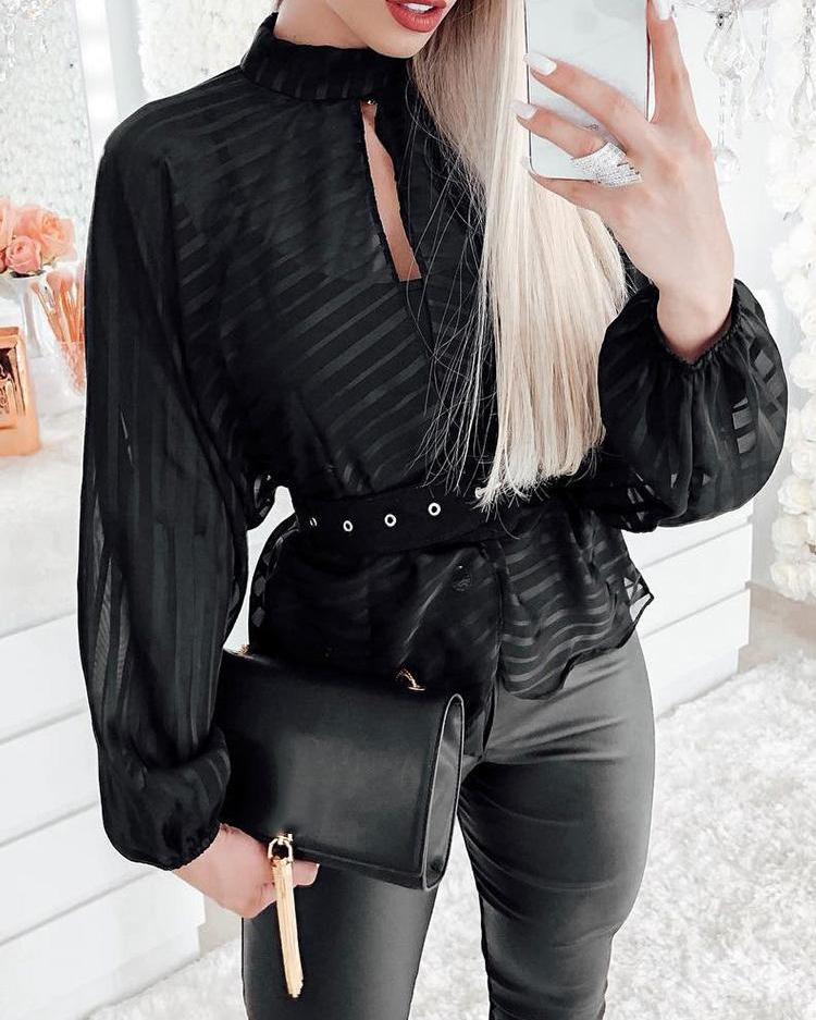 

Stripes Keyhole Front Mesh Blouse, Black
