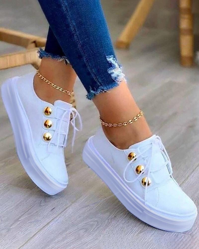 

Button Decor Lace-up Sneakers, White