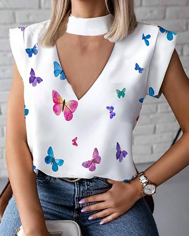 

Butterfly Print Cutout Casual Top, White