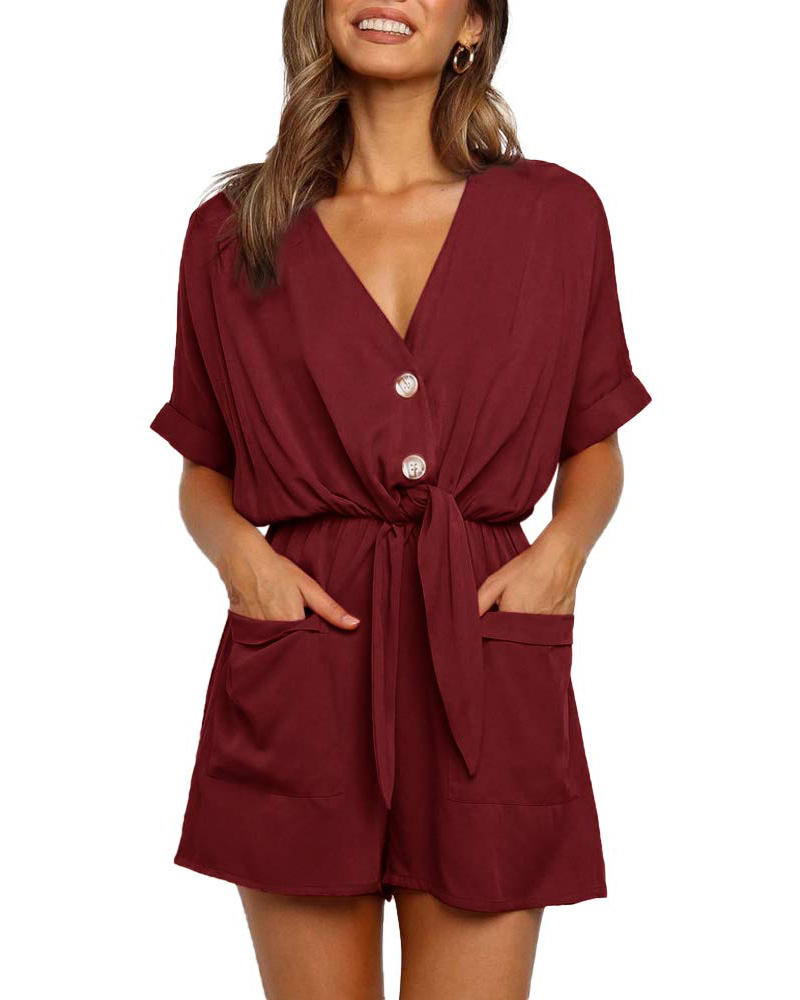 

V-Neck Pocket Design Tied Detail Romper, Wine red
