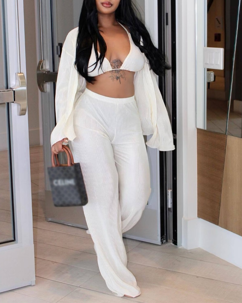 

3PCS Long Sleeve Shirt & High Waist Pants Set With Bra Top, White