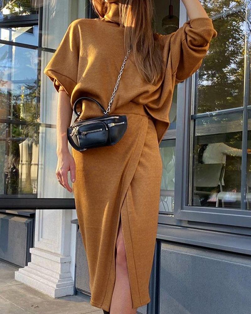 

Long Sleeve Top & Wrap Slit Skirt Set, Coffee