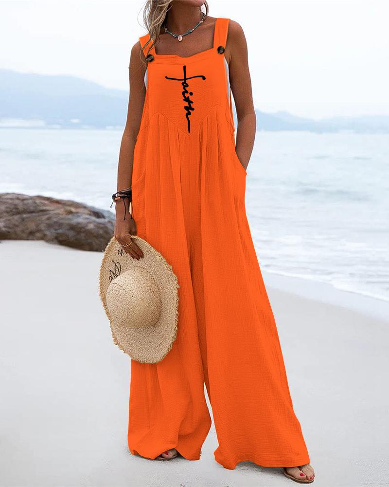 

Letter Print Wide Leg Suspender Jumpsuit, Orange