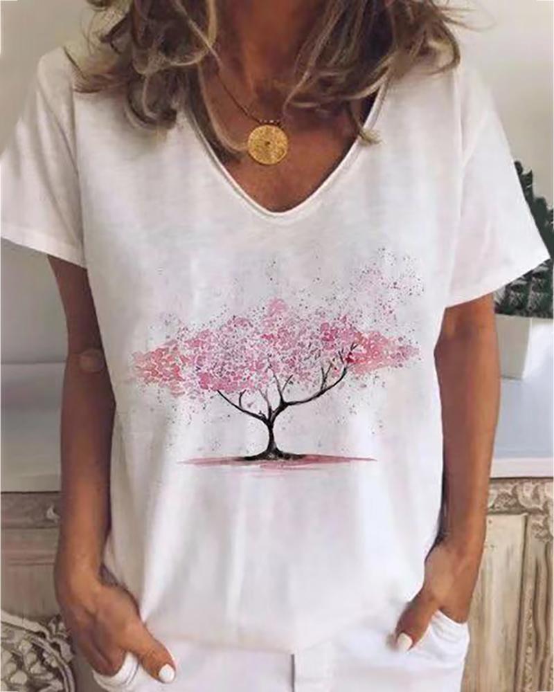 

Tree Print V-neck Casual T-shirt, White