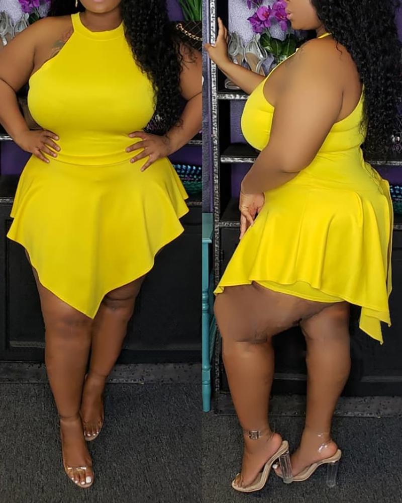 

Plus Size Irregular Trim Zip Back Fake Two-piece Romper, Yellow