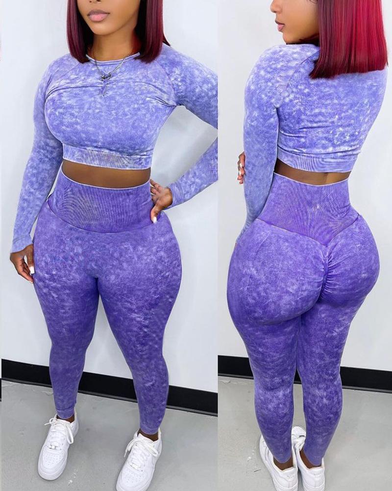 

Long Sleeve Crop Top & High Waist Skinny Pants Set, Purple