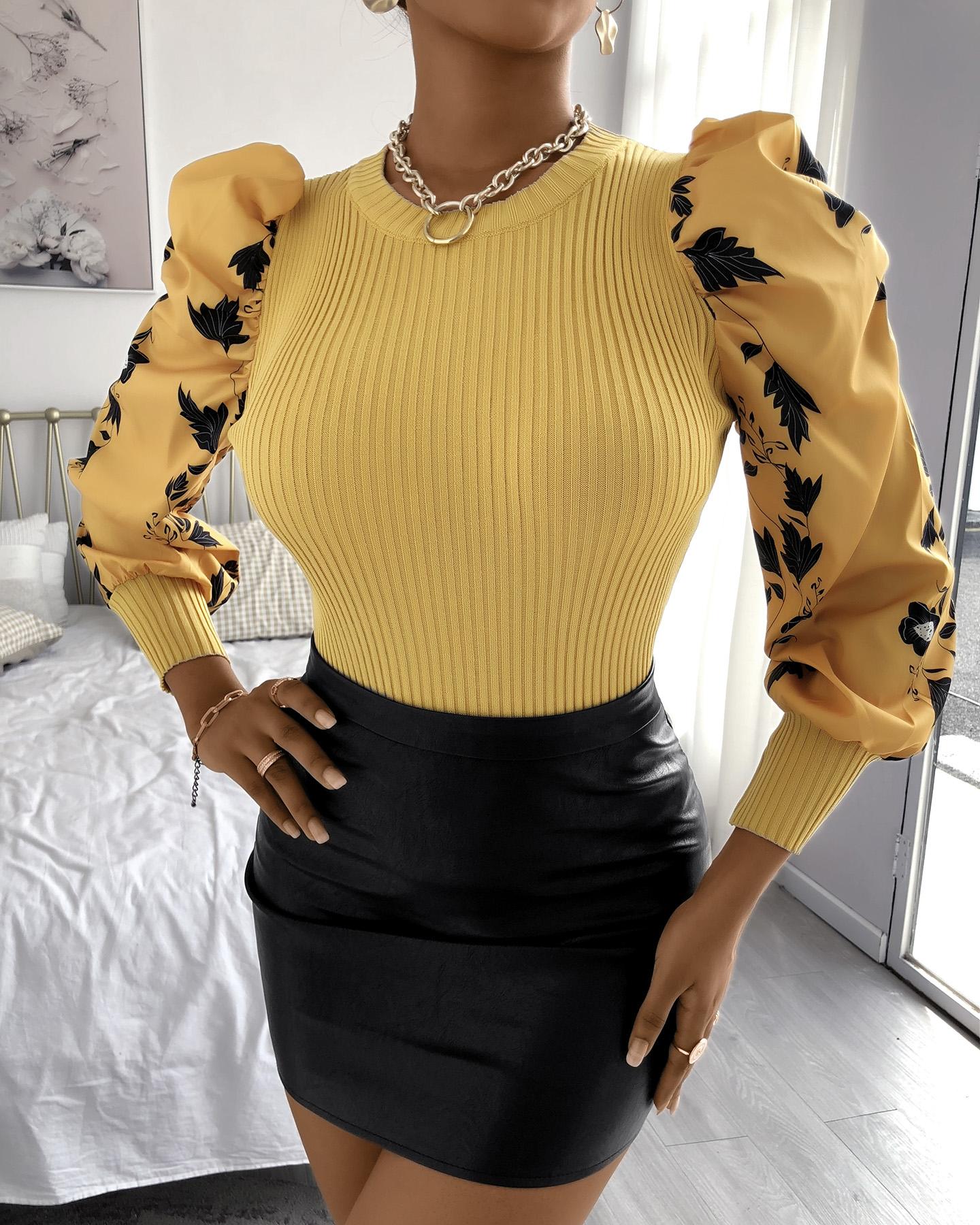 

Puffed Sleeve Floral Leaves Print Top, Yellow