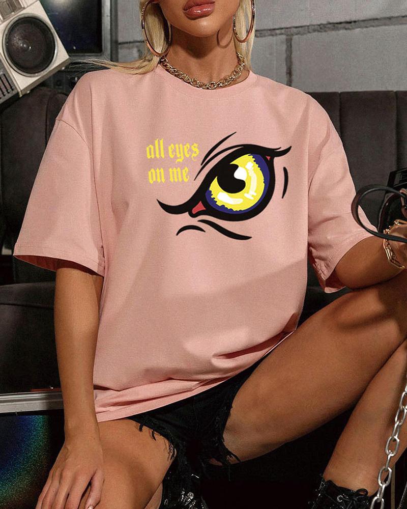 

Eye Print Short Sleeve Loose T-shirts, Pink