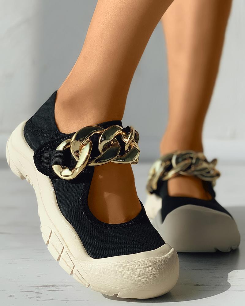 

Chain Strap Velcro Canvas Shoes, Black