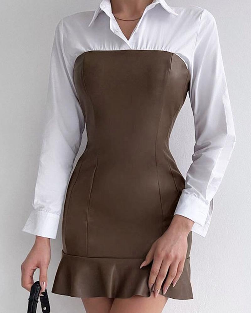 

Patchwork Ruffle Hem PU Leather Bodycon Dress, Coffee