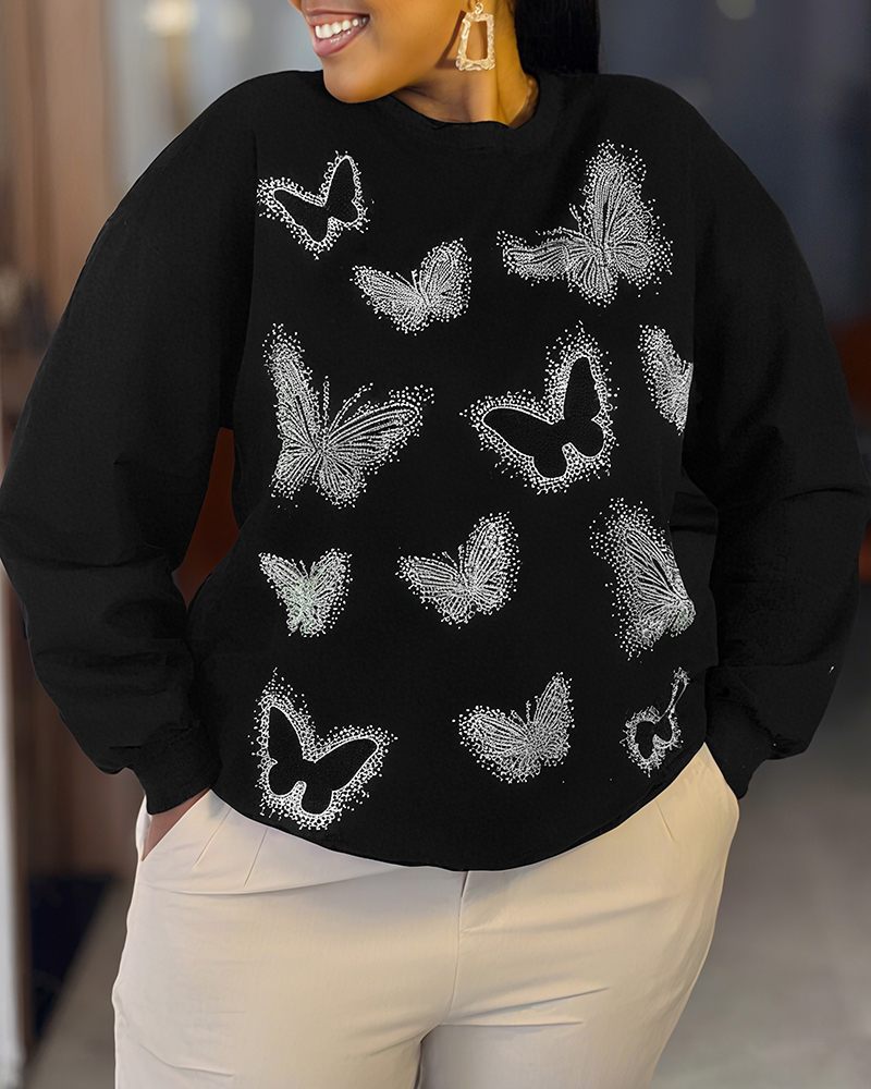 

Blusa de manga comprida com strass borboleta e gola redonda, casual, caimento solto, Black