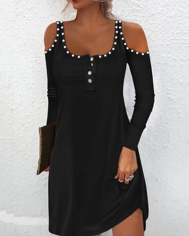 

Beaded Decor Cold Shoulder Casual Dress, Black