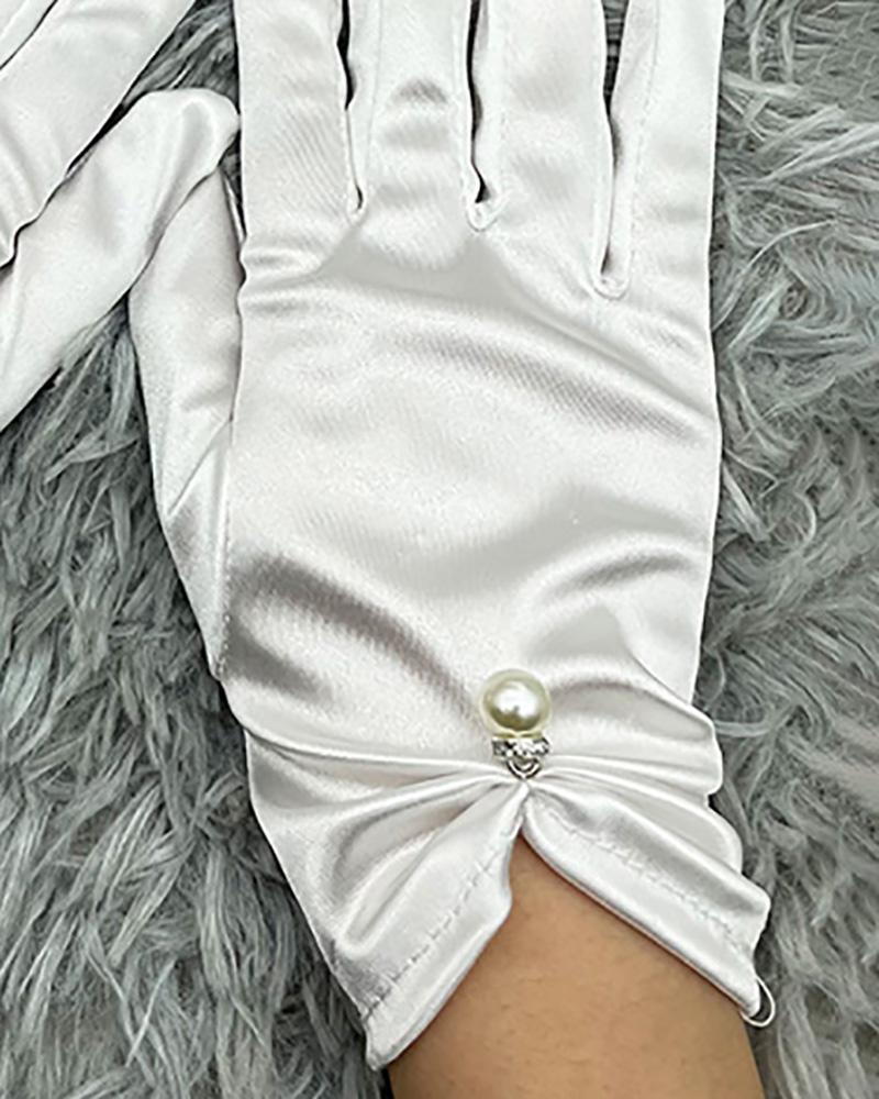 

Satin Beaded Decor Ruched Gloves, White