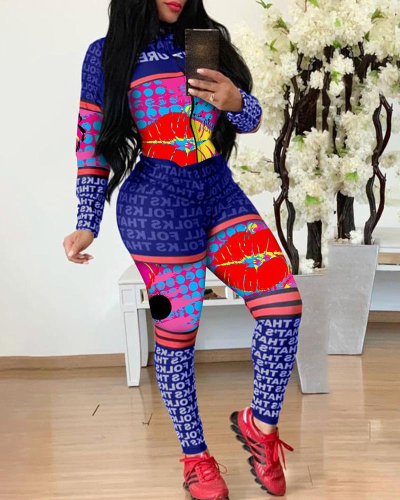 

Letter Lip Print Colorblock Zip Jumpsuit, Blue