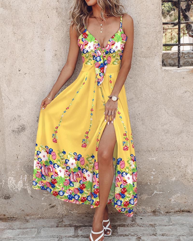 

Floral Print Knotted Slit Maxi Dress, Yellow