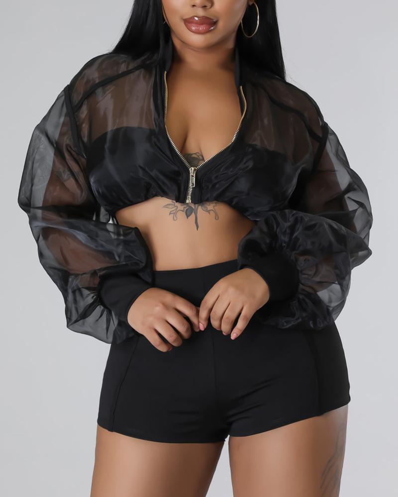 

Sheer Mesh Lantern Sleeve Zip Up Crop Top & Shorts Set, Black