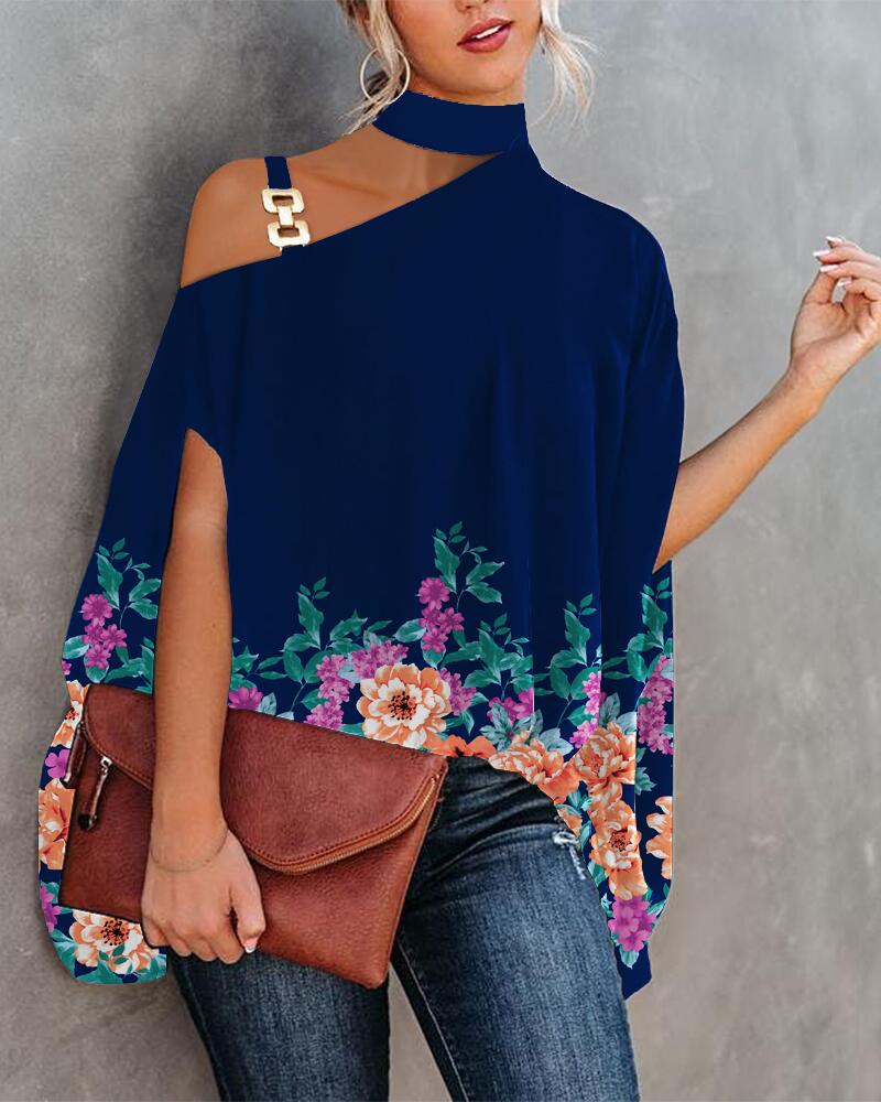 

Floral Print Chain Strap Cold Shoulder Cape Design Top, Purplish blue