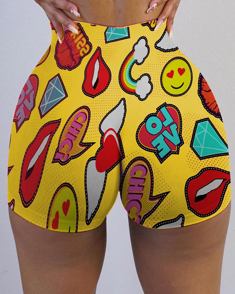

Cartoon Print High Waist Casual Shorts, Yellow