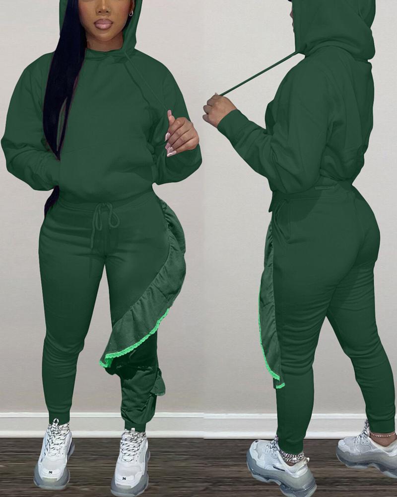 

Long Sleeve Casual Hoodie & Ruffle Hem Pants Set, Green